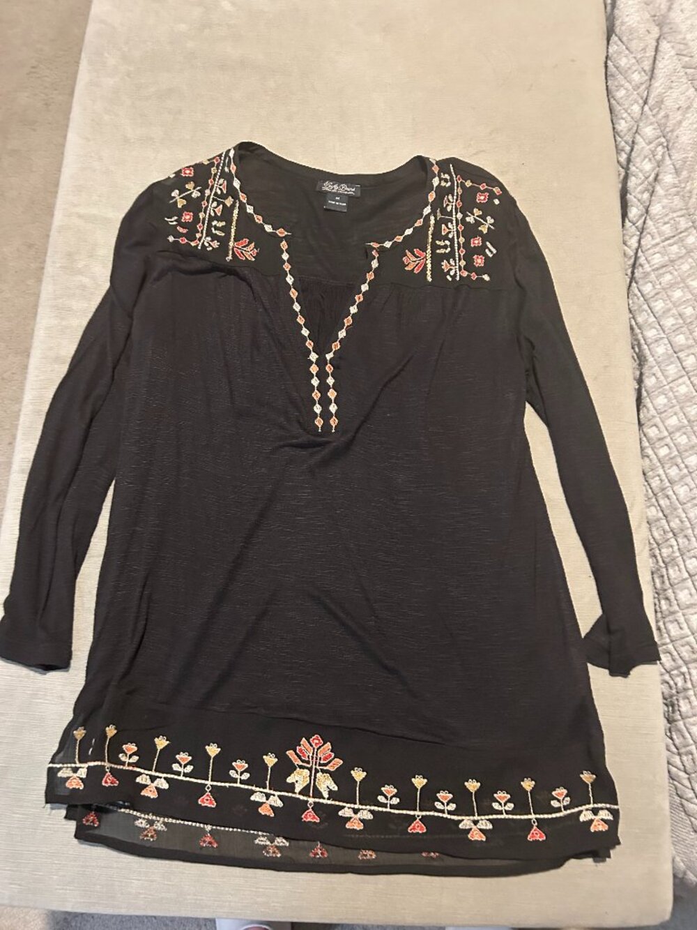 LUCKY BRAND Black Embroidered Floral Border Sheer Trim Tunic Blouse M
